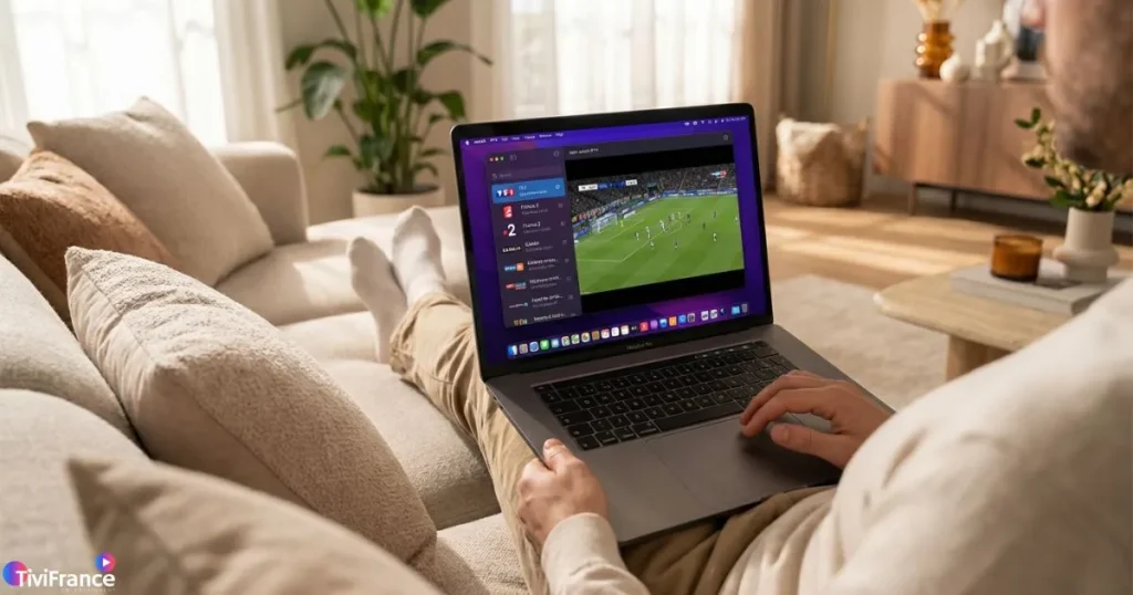 IPTV sur MacBook avec une application IPTV macOS utilisée dans un cadre confortable