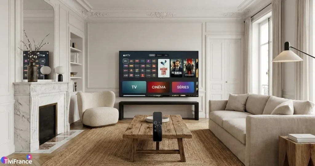 Apple TV IPTV app affichée sur un téléviseur 4K