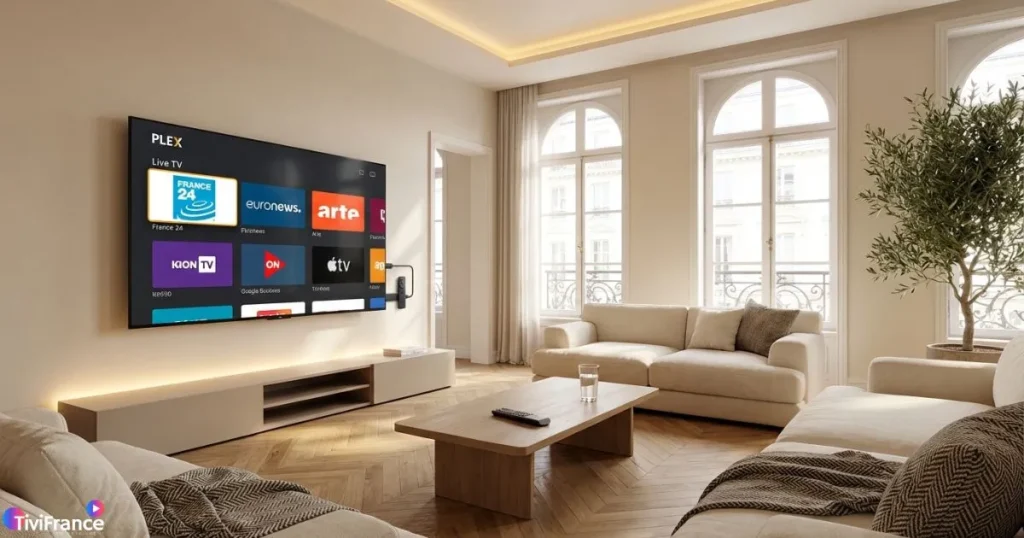 regarder plex live tv iptv sur une smart tv dans un salon moderne