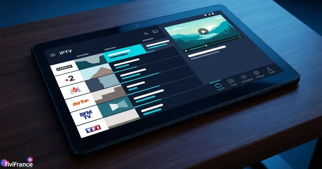 Interface d'un lecteur IPTV avec guide EPG sur écran Android