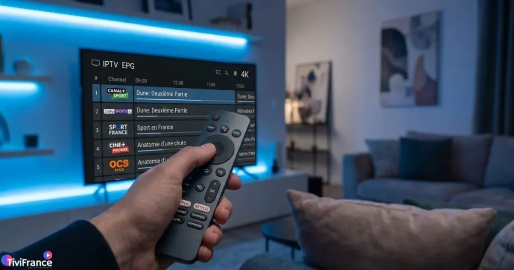 IPTV Android setup sur box TV streaming avec guide EPG affiché en français