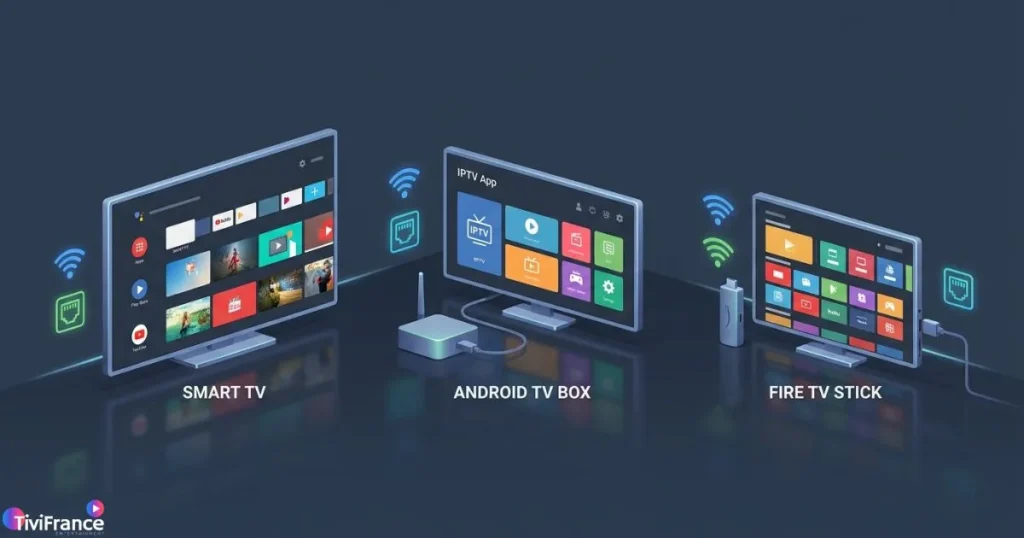 Comparaison lecteur IPTV smart TV Android et Fire TV Stick sur différents appareils