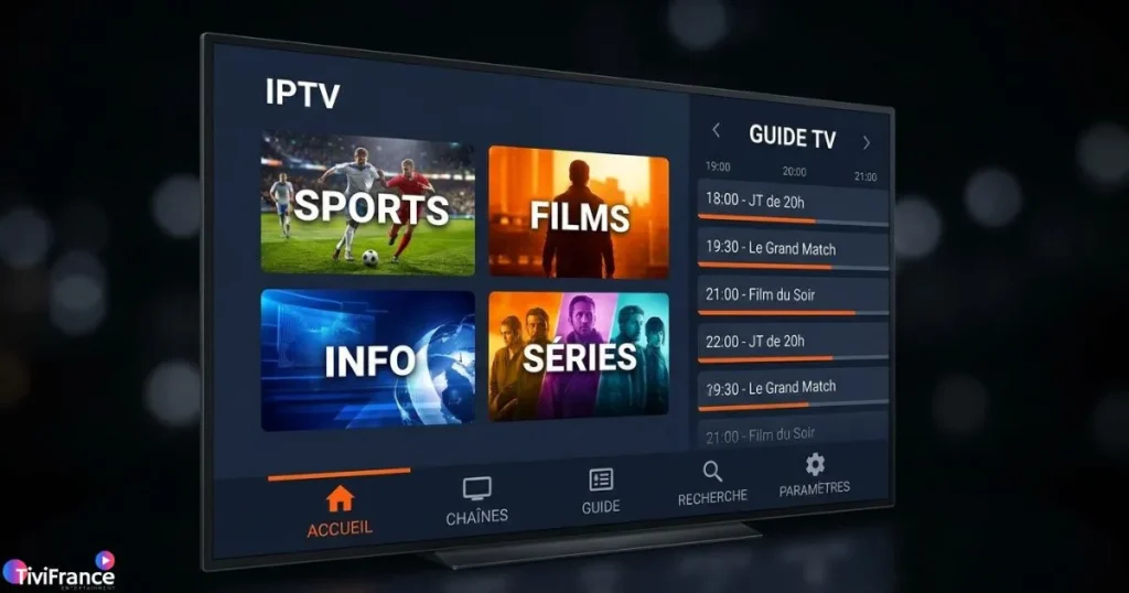 Interface de la meilleure appli IPTV 2026 affichée sur un écran Android TV