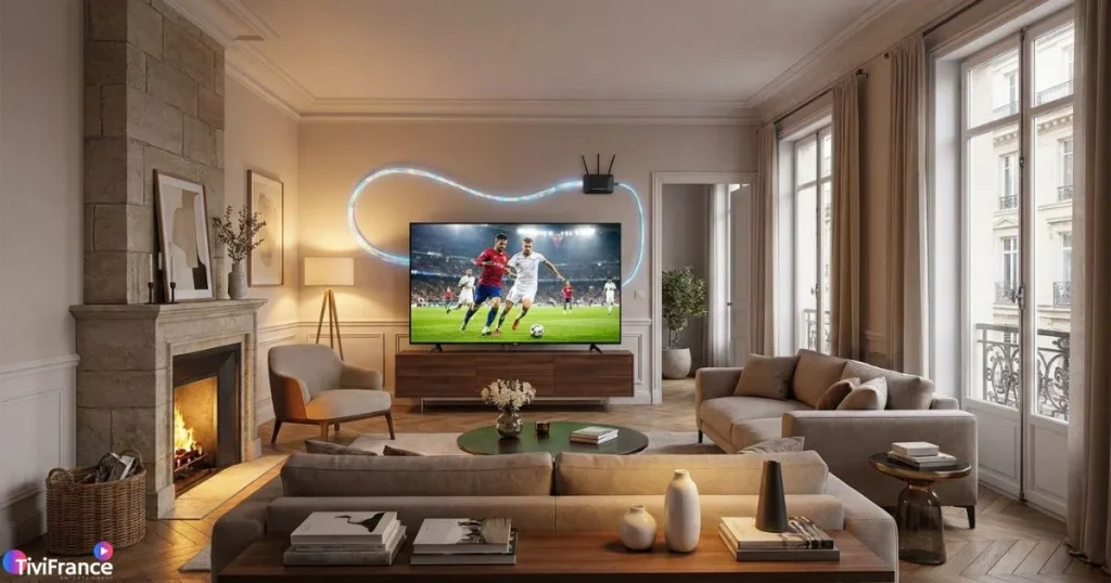 Fournisseur IPTV fiable diffusant des chaînes HD sur Smart TV dans un salon moderne