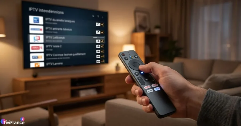 Lecteur IPTV Android affiché sur un téléviseur connecté avec navigation fluide