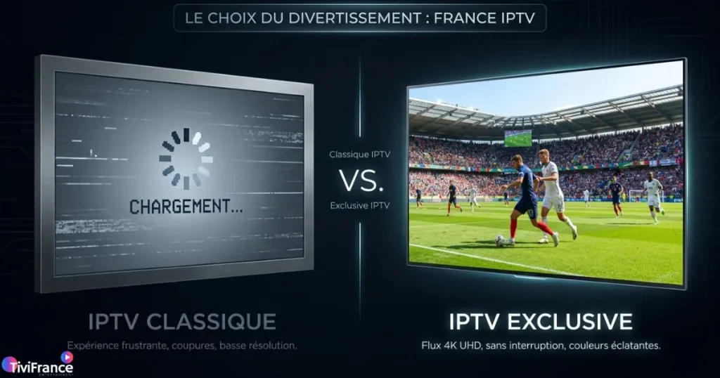 Comparaison visuelle entre IPTV classique avec buffering et IPTV exclusif en haute qualité