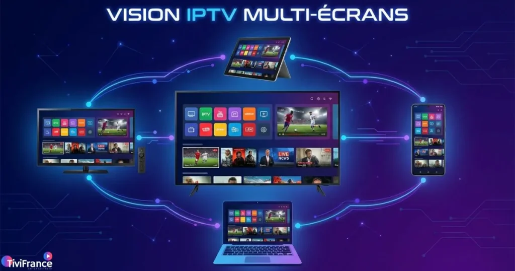 Service IPTV multi appareils connectés simultanément : TV, smartphone, tablette et PC