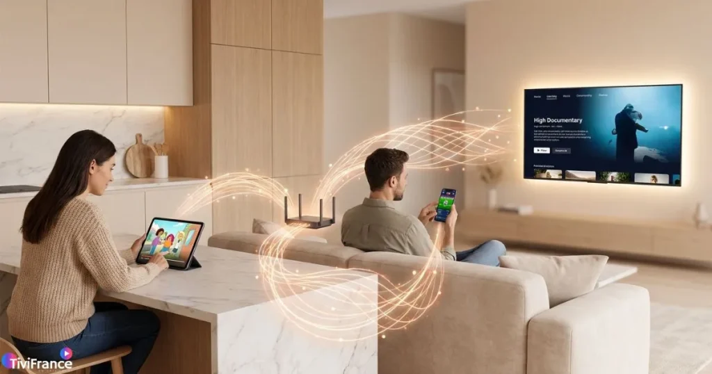 IPTV multi écran - famille regardant la TV sur plusieurs appareils simultanément
