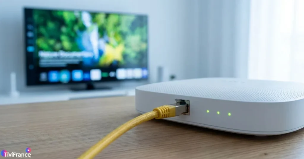 Connexion IPTV fluide via câble Ethernet branché sur un routeur WiFi moderne