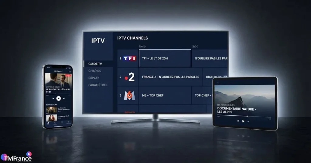 Interface IPTV premium stable sur plusieurs appareils - TV, smartphone et tablette
