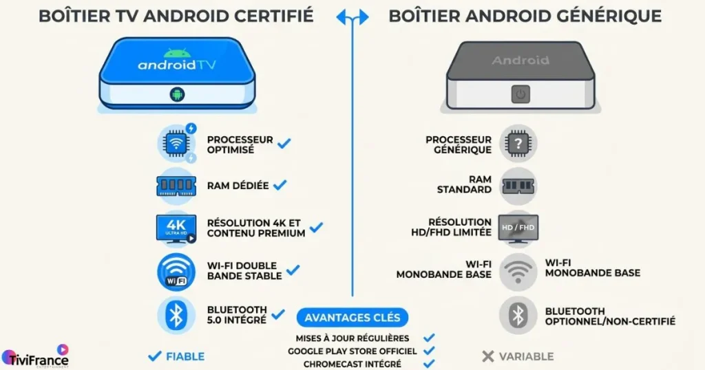 comparatif Android TV IPTV certifiée vs box Android générique pour le streaming
