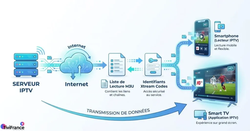 schéma de fonctionnement d'un lecteur IPTV avec flux M3U et Xtream Codes