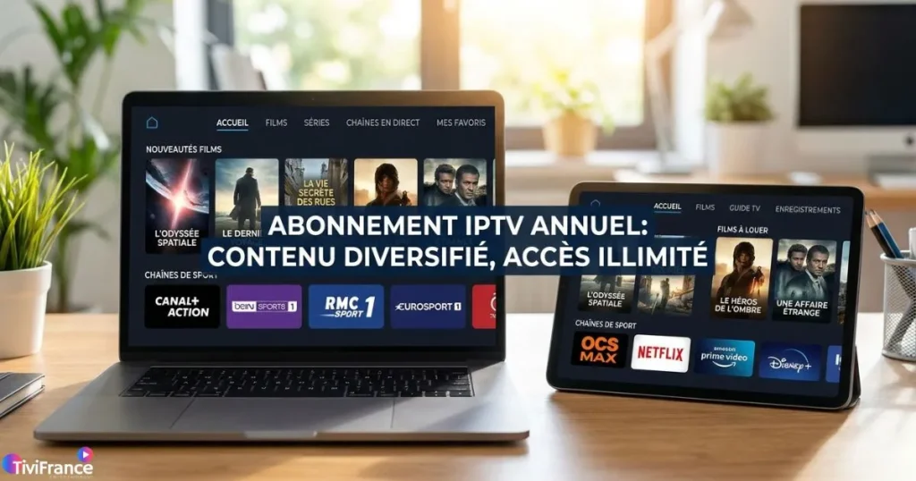 Écrans montrant la diversité de contenus disponibles avec un abonnement IPTV annuel et IPTV pas cher.