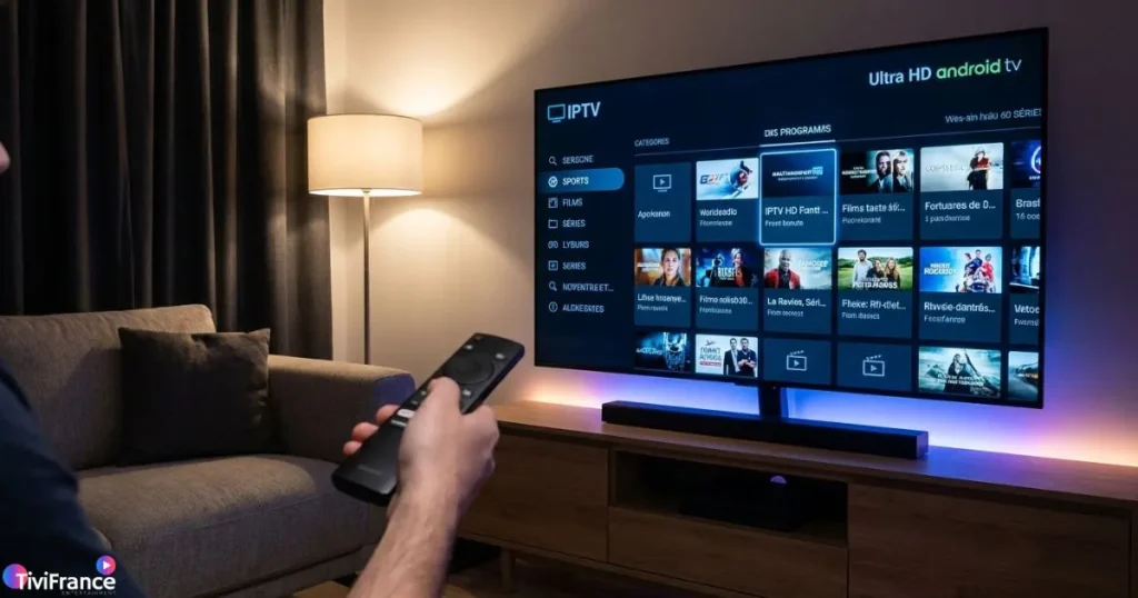 lecteur IPTV moderne sur Android TV avec interface fluide et guide des programmes