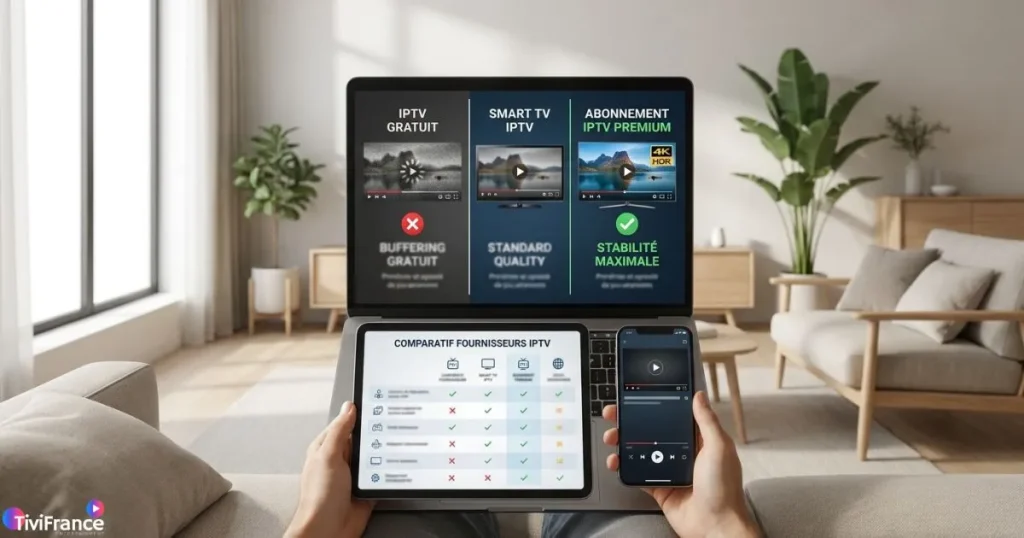 Comparatif visuel entre meilleure iptv gratuit et abonnement IPTV premium sur plusieurs appareils.