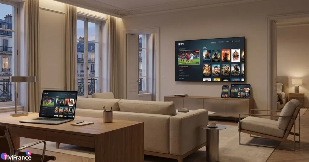 Playlist M3U IPTV utilisée sur plusieurs appareils modernes dans un environnement connecté