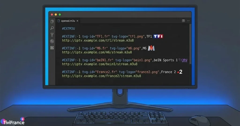 Structure d'une liste M3U IPTV avec chaînes françaises et URLs de flux