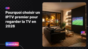 Personne regardant un abonnement IPTV premier sur une Smart TV 4K dans un salon moderne