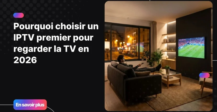 Personne regardant un abonnement IPTV premier sur une Smart TV 4K dans un salon moderne