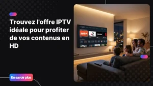 Famille regardant une iptv offre en haute qualité sur Smart TV dans un salon moderne