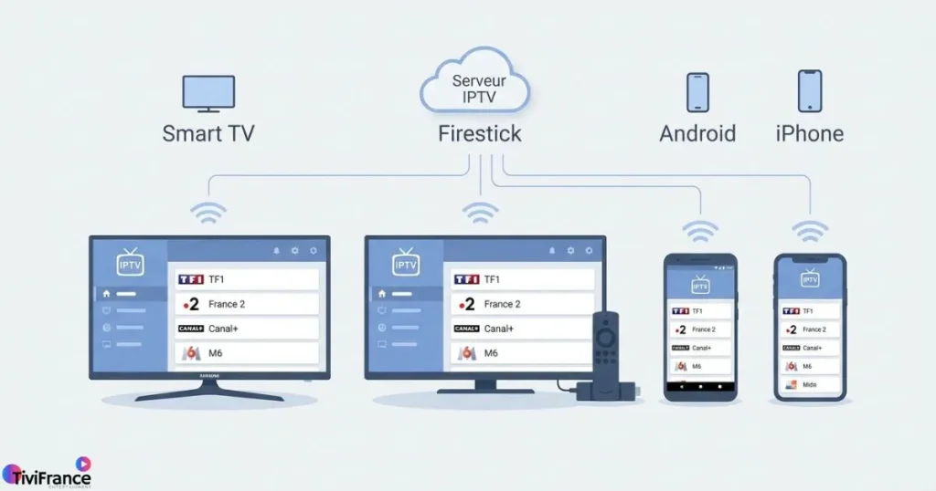 Configuration IPTV sur plusieurs appareils Smart TV Firestick Android et iPhone