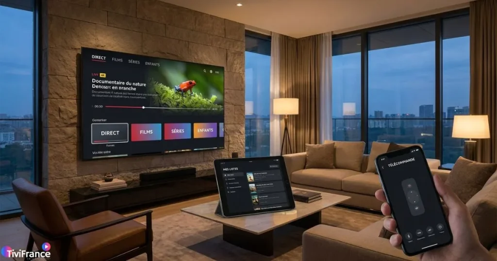 Salon connecté avec IPTV 4K et IPTV multi appareils pour tester la meilleure iptv gratuit.