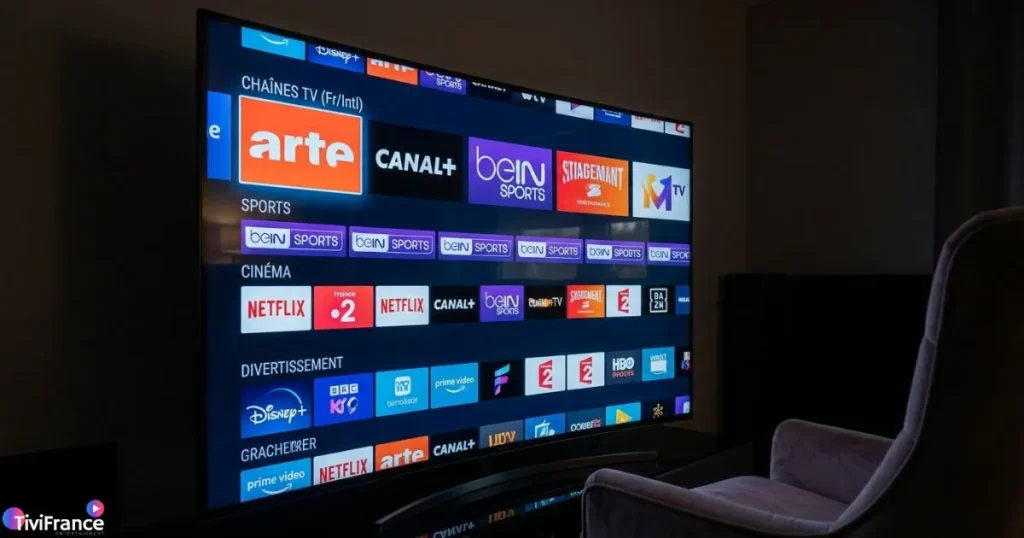 Interface IPTV haute qualité affichant un large catalogue de chaînes françaises et internationales