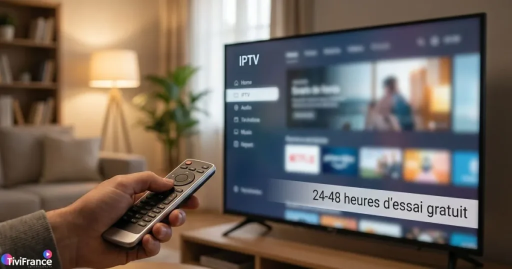 Télécommande pointée vers un écran avec une offre d'essai gratuit avant de souscrire un abonnement iptv 12 mois pas cher.