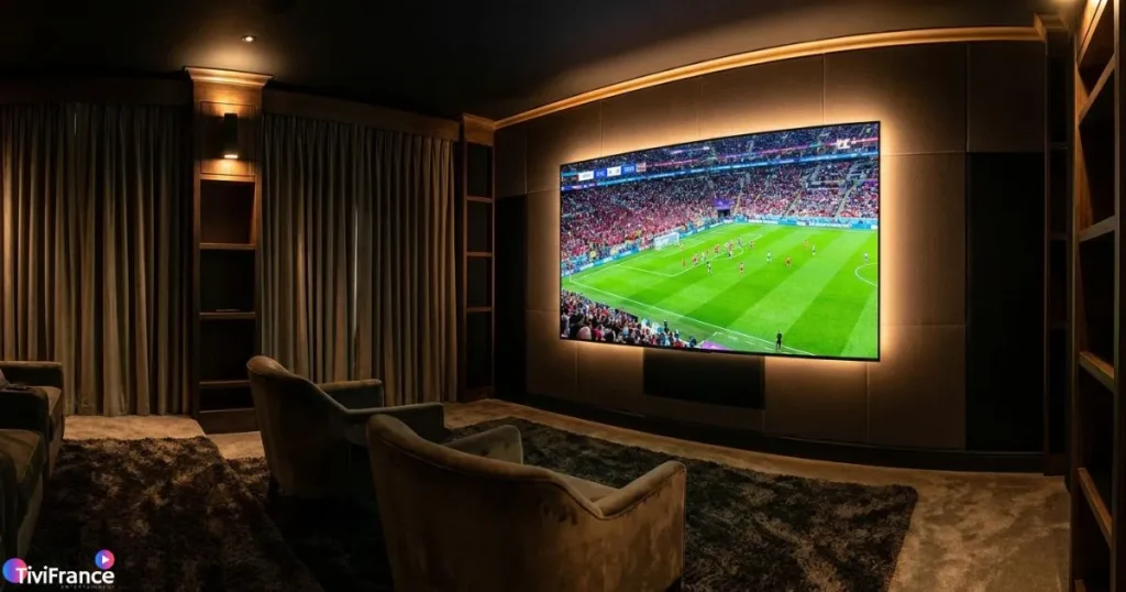 Regarder une chaîne sportive en IPTV 4K sur un téléviseur ultra HD dans un home cinéma