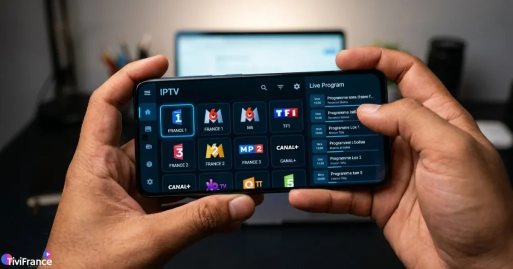 Application IPTV Xtream sur un smartphone Android affichant un guide de programmes en direct