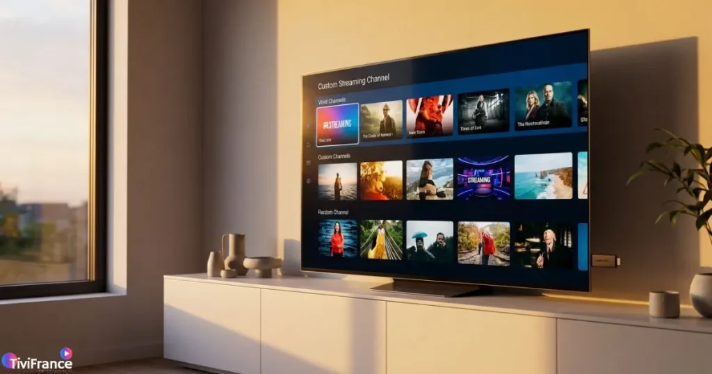 IPTV Smart TV connectée avec un boîtier Android affichant une interface de sélection de chaînes