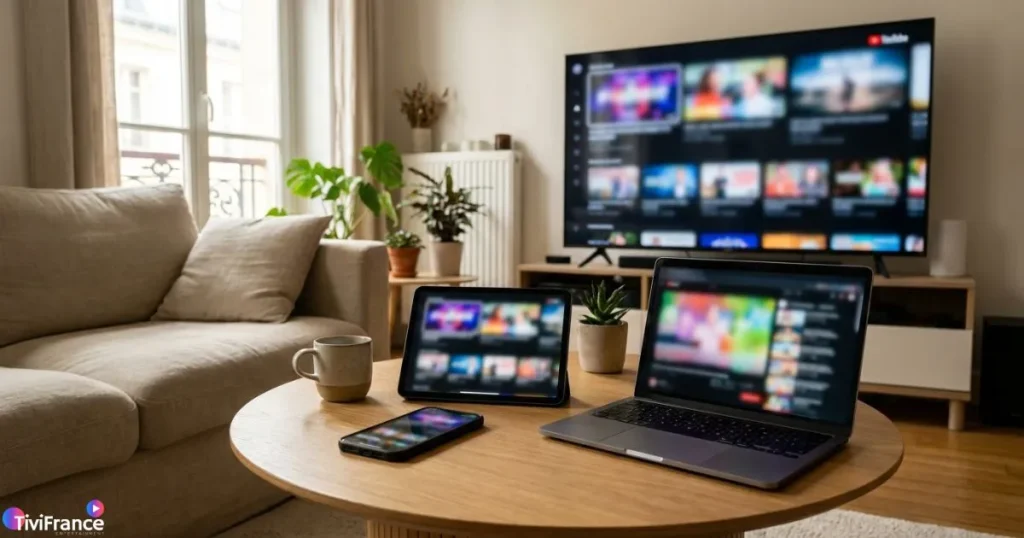 IPTV multi appareils : smartphone, tablette, laptop et TV connectés au même service