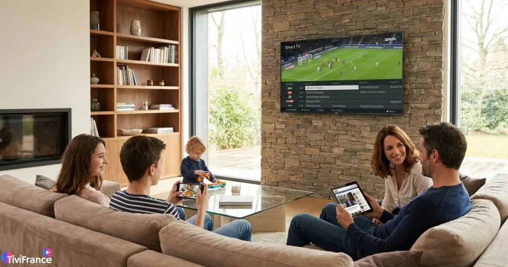 abonnement IPTV France utilisé sur plusieurs écrans dans un salon moderne