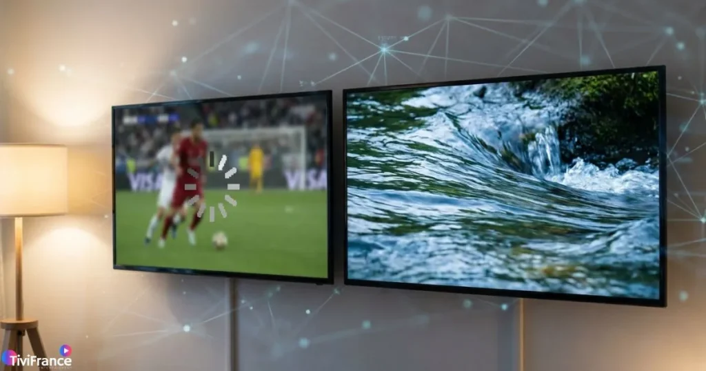 Problèmes de streaming comparés à une IPTV fluide dans un environnement domestique moderne.