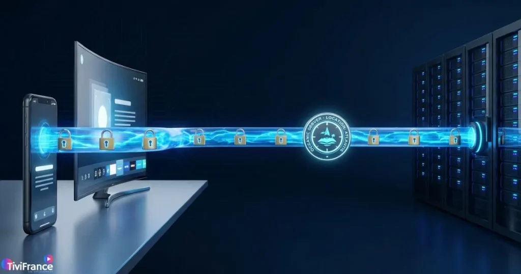 Schéma VPN IPTV - tunnel chiffré entre un appareil et un serveur distant