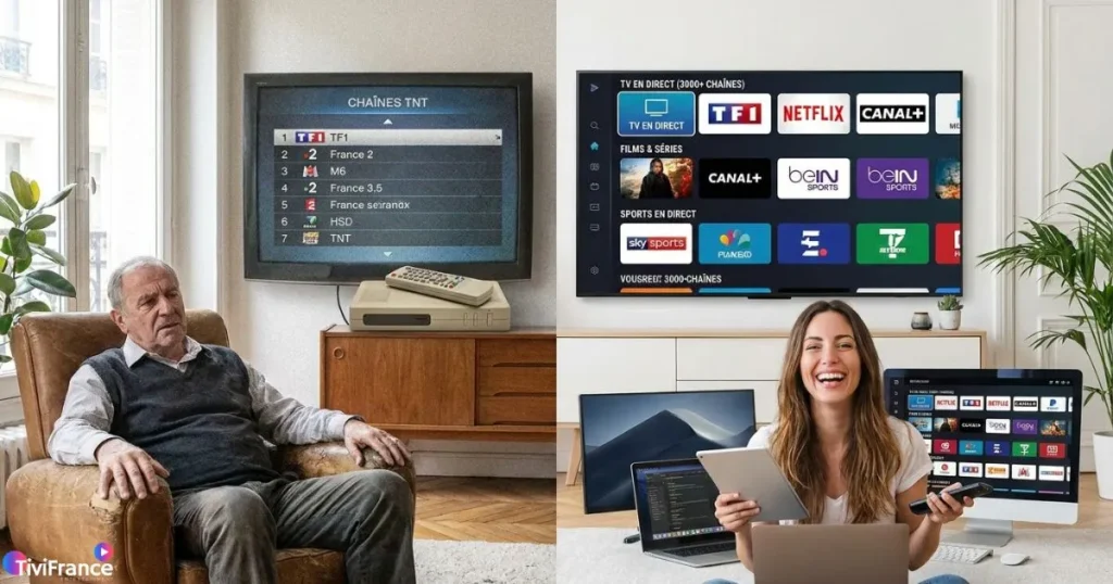 Meilleur abonnement IPTV en ligne comparé à une télévision traditionnelle avec davantage de contenus et de flexibilité.