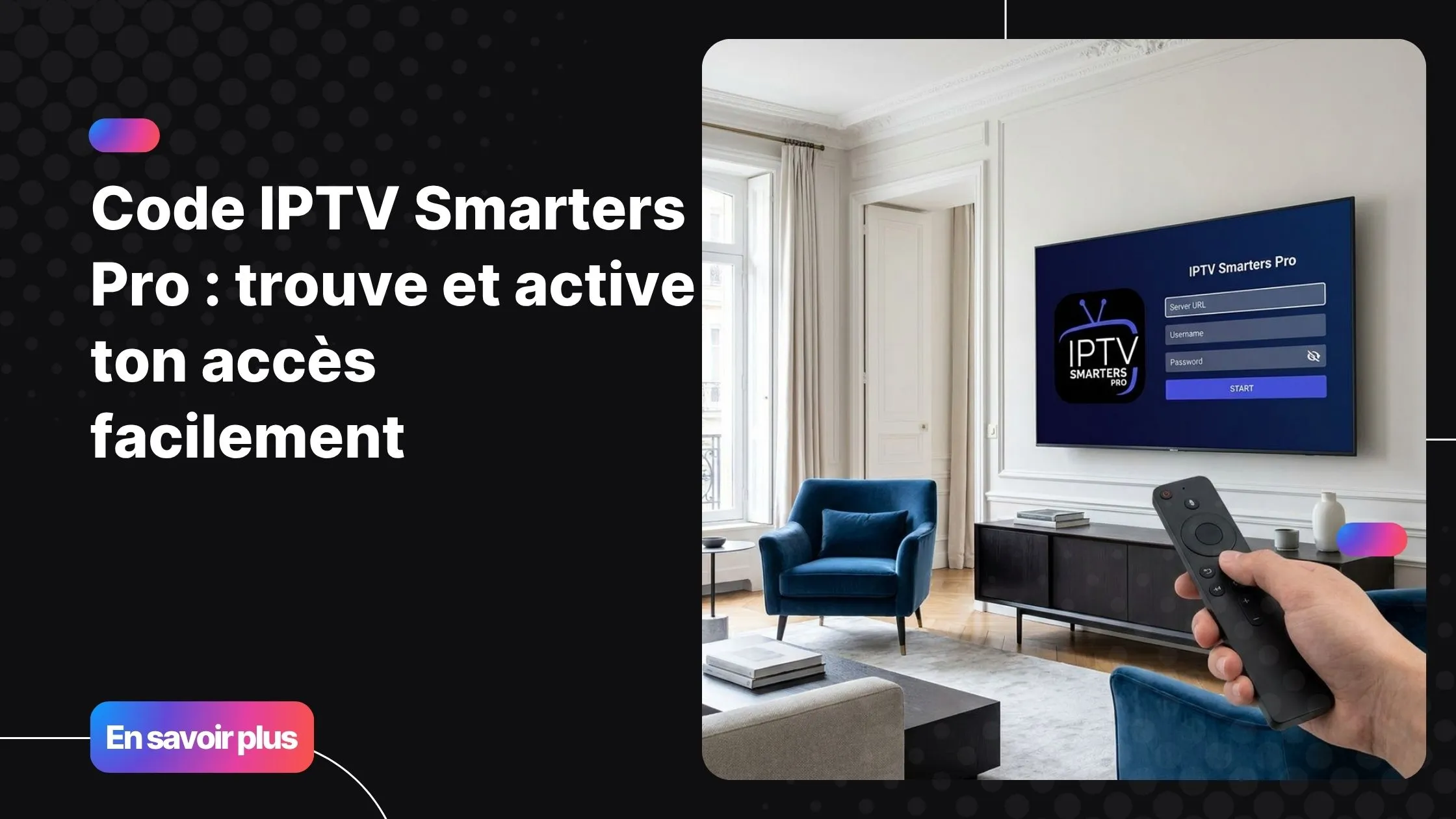 Code IPTV Smarters Pro affiché sur l'interface officielle lors de la configuration d'un abonnement IPTV