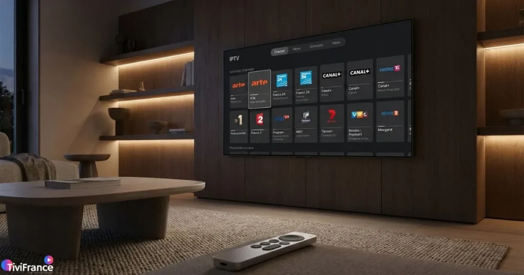 Interface avancée d'un lecteur IPTV Android avec guide TV électronique complet.