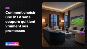 IPTV sans coupure diffusant un événement sportif en haute qualité sur une Smart TV moderne.