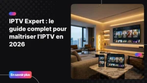 Expert utilisant une application IPTV moderne sur plusieurs appareils connectés