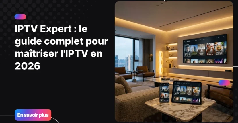 Expert utilisant une application IPTV moderne sur plusieurs appareils connectés