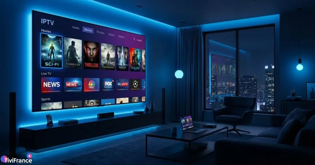 Interface d'un lecteur IPTV affichant des chaînes en direct sur une box IPTV