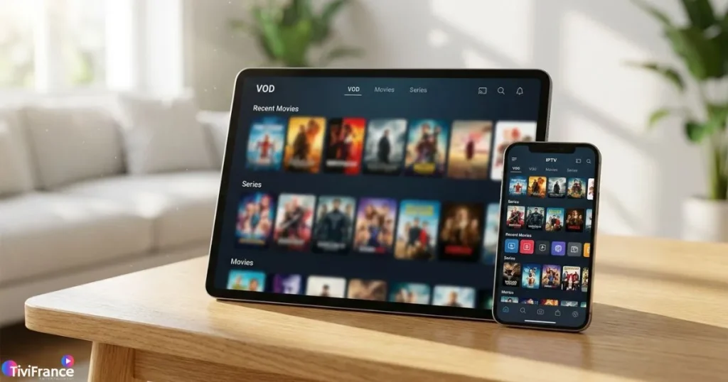 Fonctionnement de la video on demand IPTV sur tablette et smartphone côte à côte