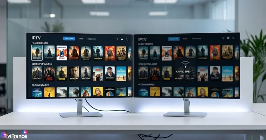 Comparaison visuelle entre un serveur IPTV Fiable et un flux instable sur deux écrans côte à côte