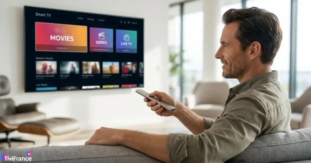 Utilisateur testant la stabilité des meilleurs abonnement iptv sur une Smart TV.