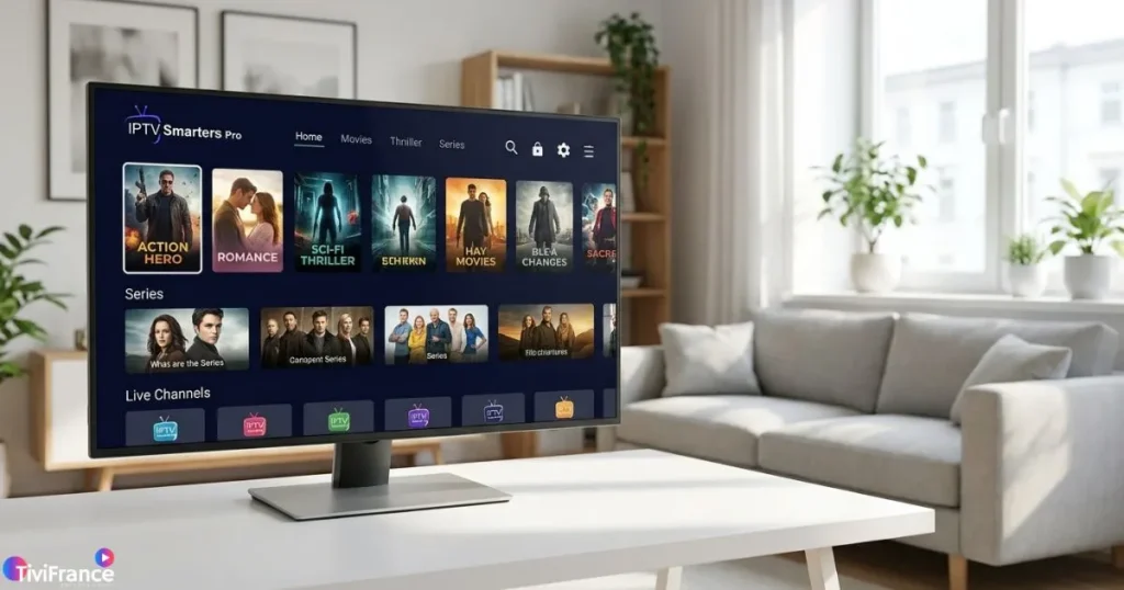 Application IPTV PC sur grand écran d'ordinateur dans un salon moderne