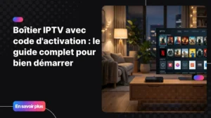 Boîtier IPTV avec code d'activation connecté à une Smart TV moderne