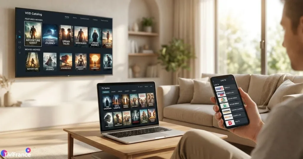 Abonnement IPTV VOD affiché sur plusieurs appareils connectés dans un espace de vie