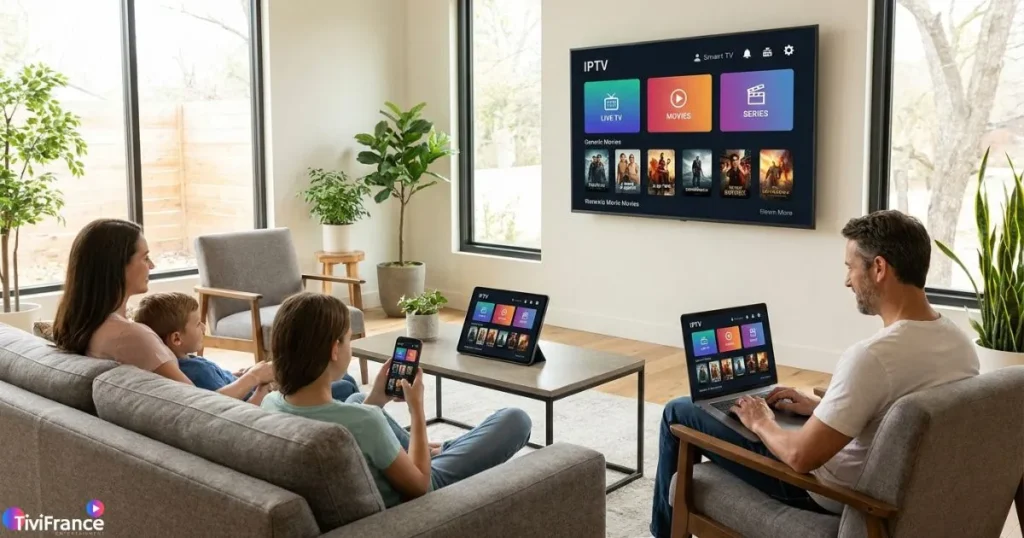 Abonnements IPTV utilisés sur plusieurs appareils compatibles dans une maison moderne.