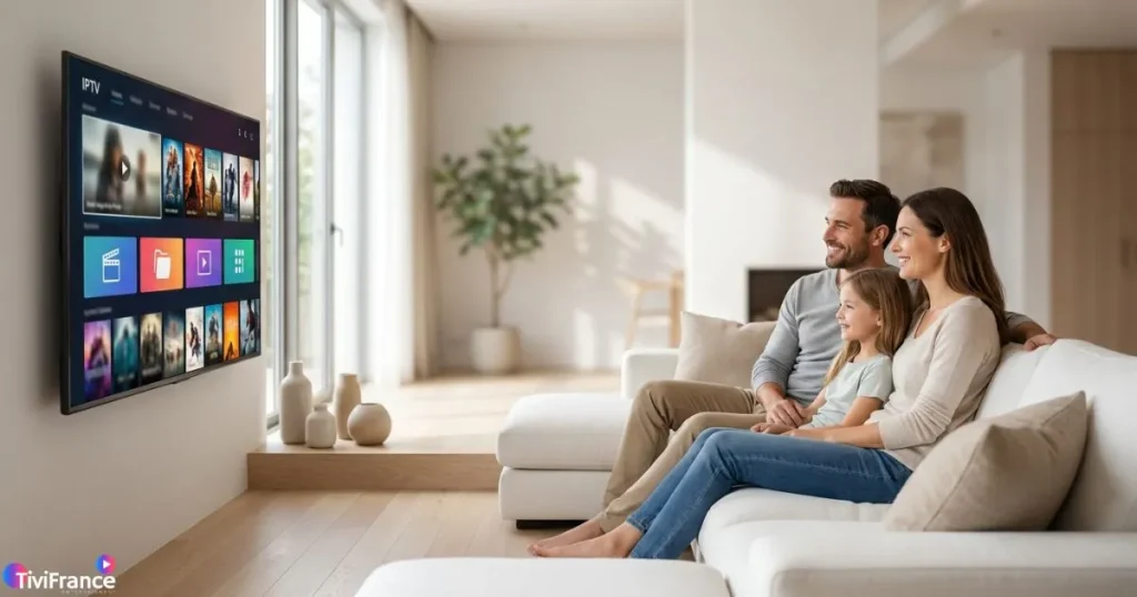 Famille profitant d'un abonnement IPTV premium sur grand écran en salon